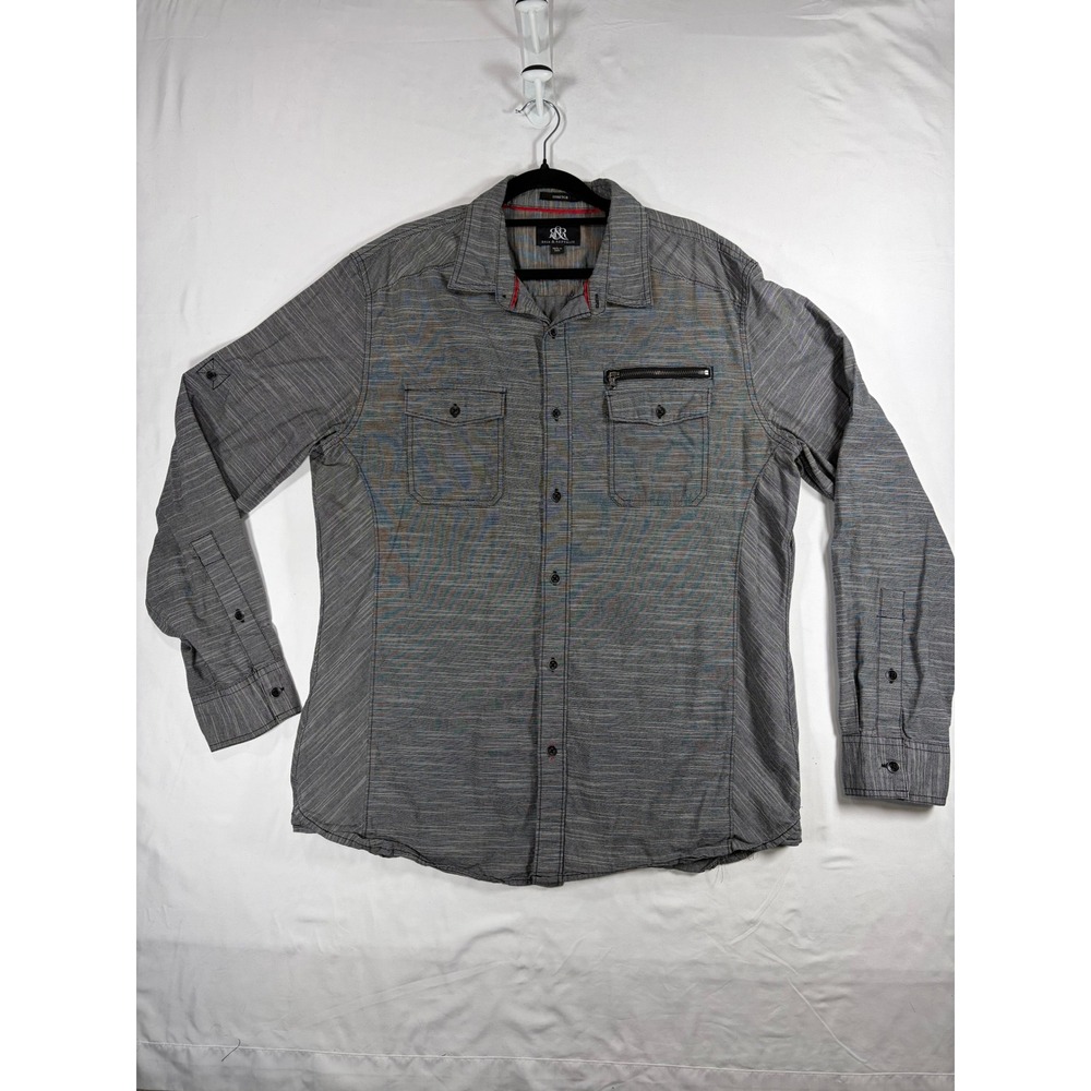 Rock & Republic Button Down Men Large Grey Good Stretch Zipper Pocket Space Dye
